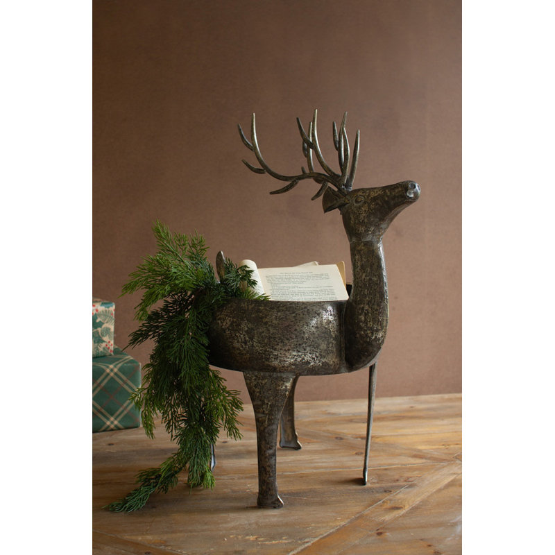  Metal Reindeer Planter 24"H – Rustic Distressed Finish – Holiday Accent