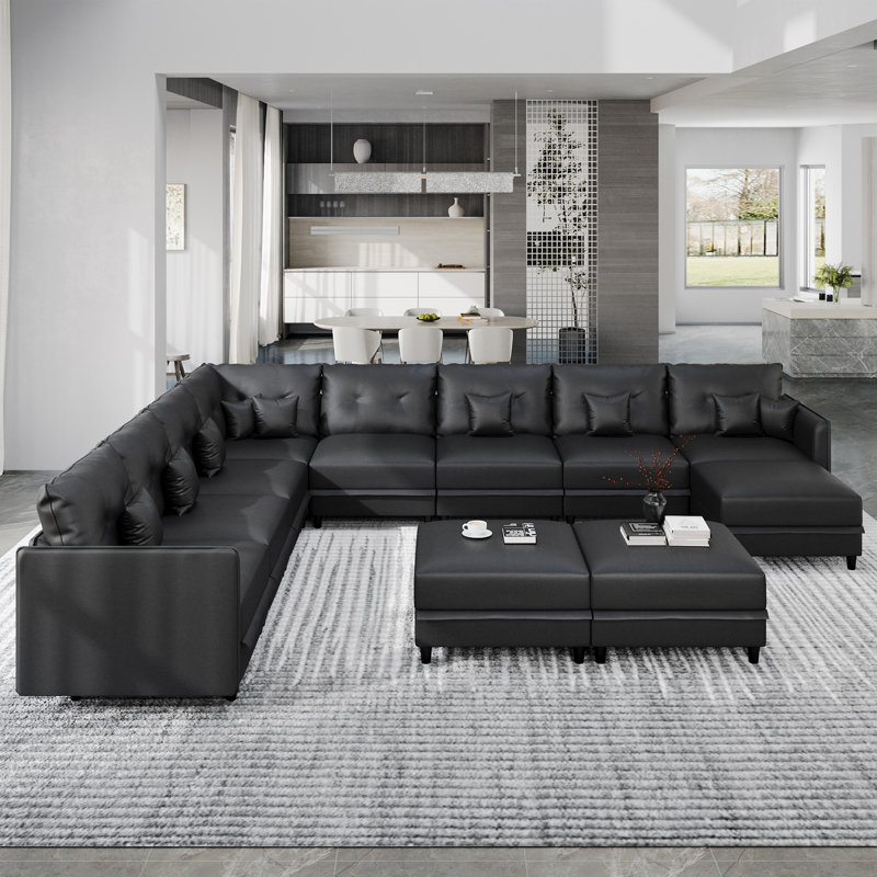 Edorta Upholstered U-Shaped Sectional, Black Faux Leather