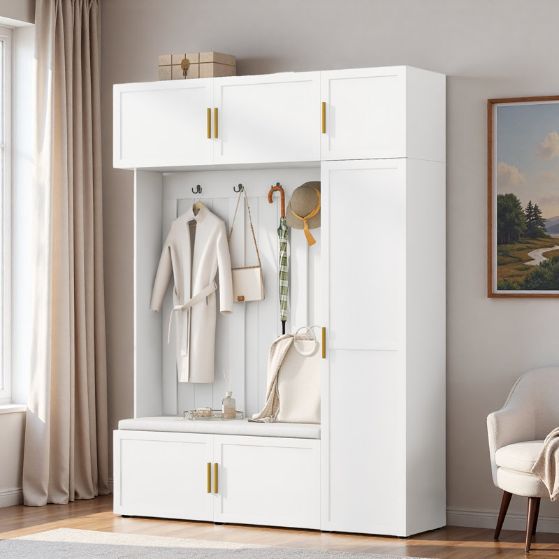 4-in-1 Hall Tree With Padded Bench, 4 Hooks And Multi-tier Storage Shelves, White