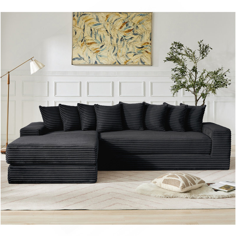 Canapé modulaire surdimensionné en nuage, canapé en L, canapé-lit convertible au sol, sans assemblage, huit coussins, 3 en 1, poche latérale (canapé faisant face à gauche), 4 places, velours côtelé, noir