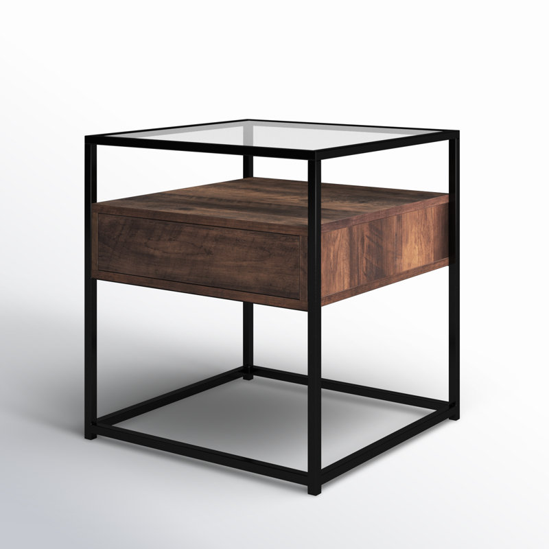 Table de bout à 1 tiroir avec rangement en verre Secaucus