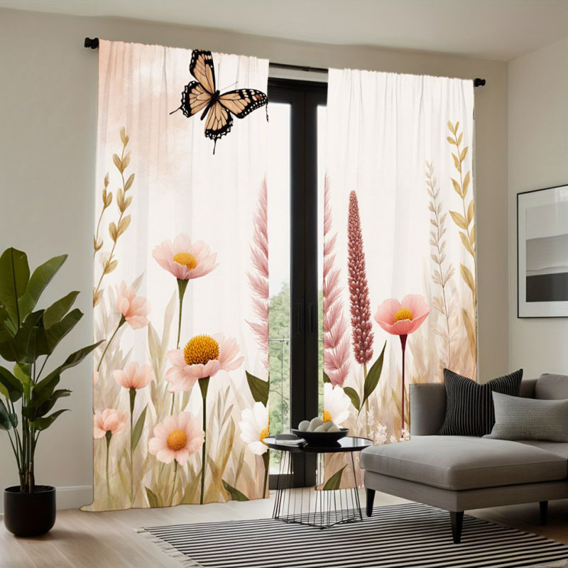 2Pcs Floral Butterfly Curtains, Nature-Inspired Design, Rod Pocket Sun Blocking, Boho Farmhouse Style, All-Season For Living Room Bedroom Study Window Decor