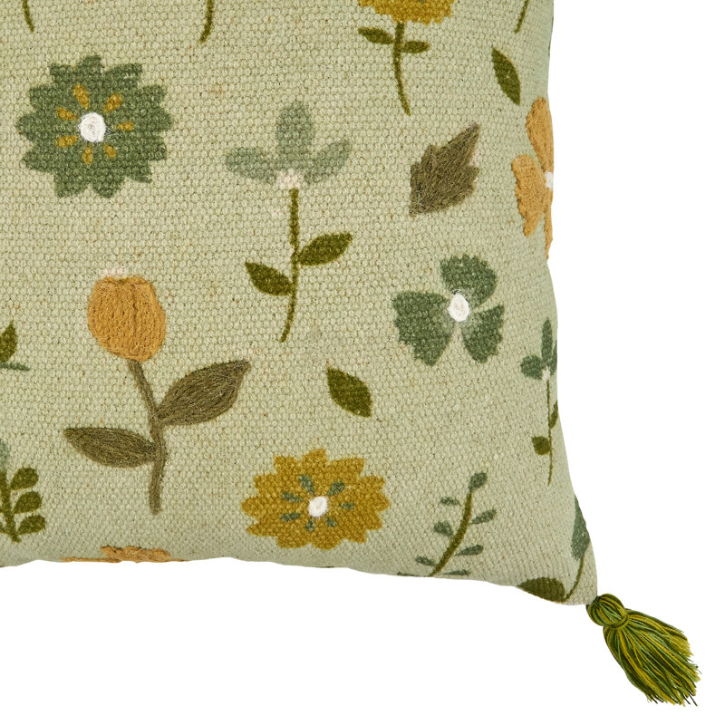 Green Embroidered Floral Square Throw Pillow with Tassels