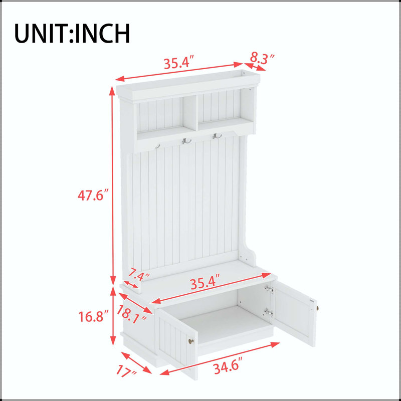 35.4" Hall Tree with Shoe Bench, Coat Rack & Storage Cabinet, White
