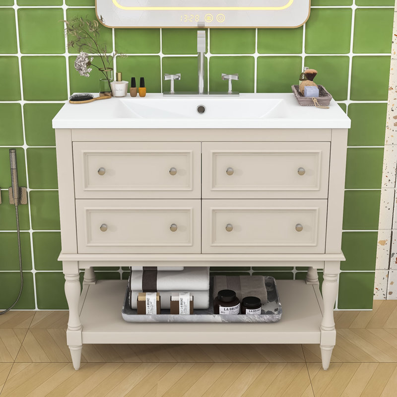 Armoire de meuble-lavabo moderne avec cadre en bois et quatre tiroirs, Beige