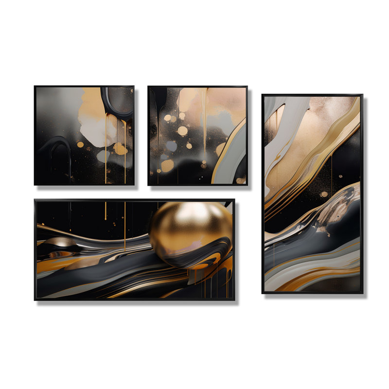 Marbré Euphoria II - art mural 4 pièces, Impression encadrée sans passe-partout, Noir