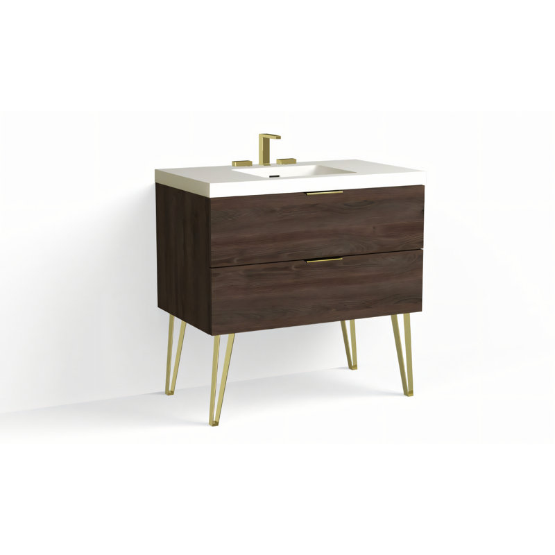 Avila 36" W Freestanding Single Bathroom Vanity with Dawson Leg, Matte White/8" Widespread, White Acrylic, Satin Brass
