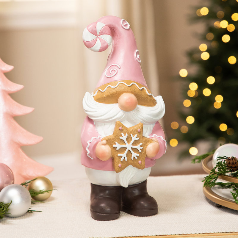 Décoration de Noël gnome de Noël tenant un biscuit en pain d'épice - 11,5 po - rose