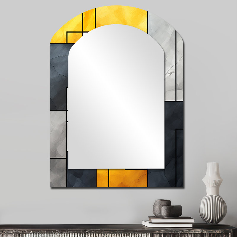 Jaune et gris géométrique fusion 5 - grand miroir asymétrique géométrique, miroir mural décoratif arche moderne, impression d'art en métal