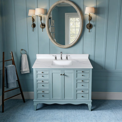 Meuble-lavabo à quartz 43 po avec lavabo central encastrable 43 po, 4 dosserets hauts, 3 trous de robinet pré-percés, teinture, plateau blanc de style moderne américain pour salle de bain, luxe simple chauffant