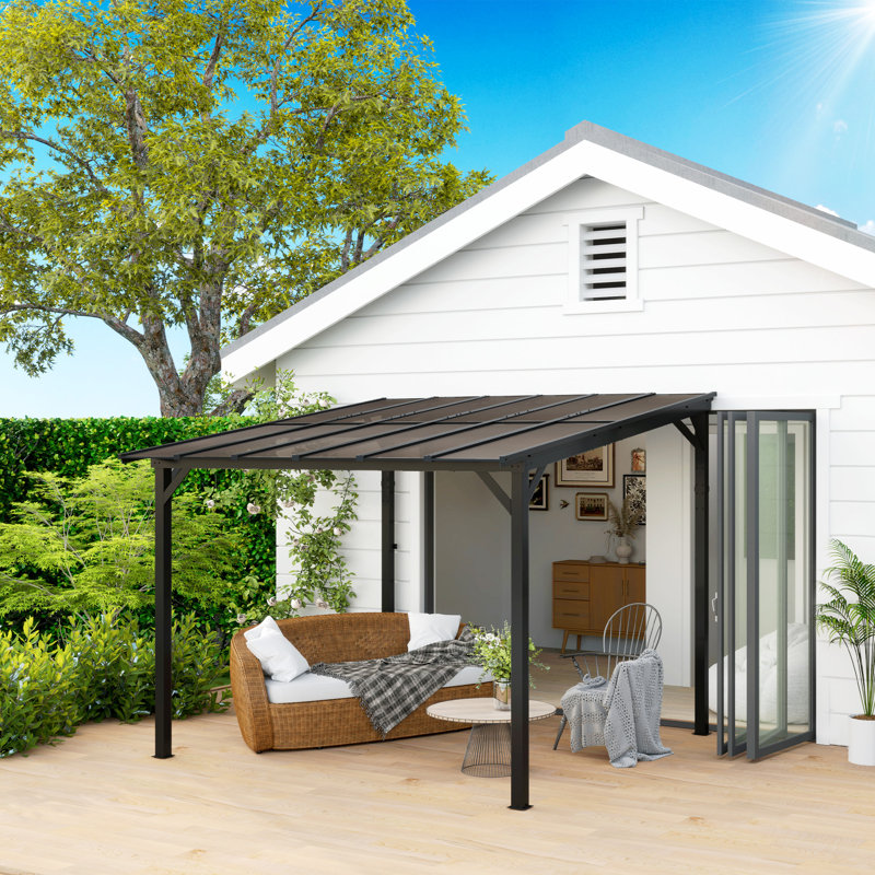 3 X 3m Dark Grey Lean To Pergola, Wall-mounted Free Standing Hardtop Gazebo With Upf 50+ Waterproof Polycarbonate Roof And Heavy Duty Metal Frame