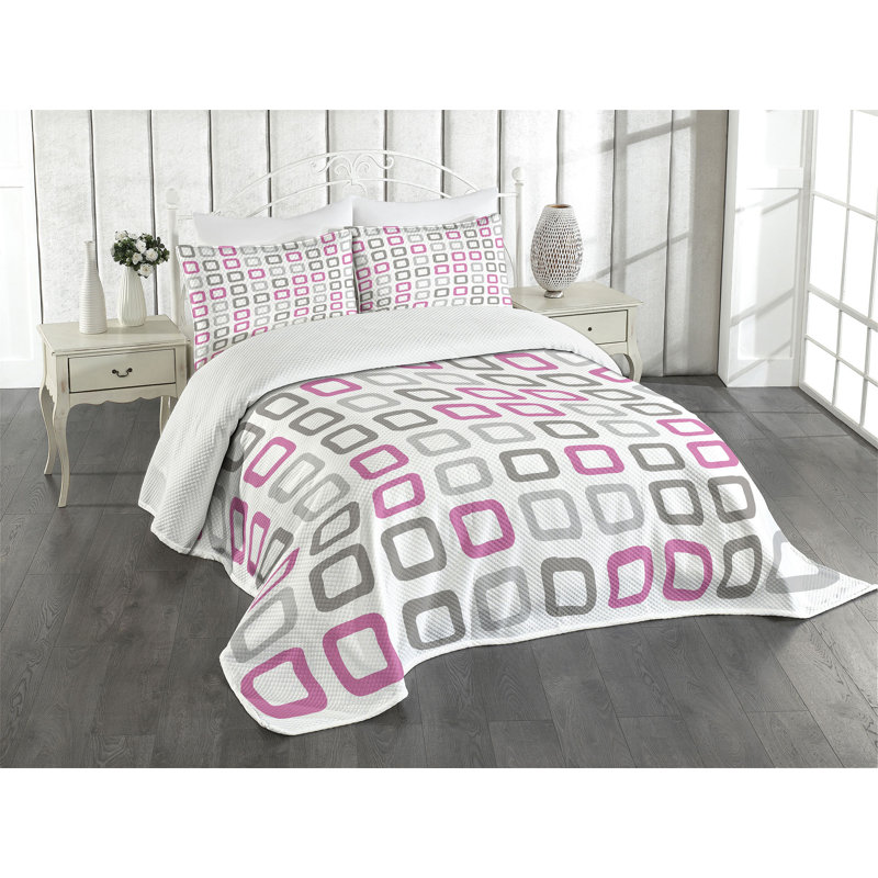 Ambesonne Geometric Bedspread Set  Square Frames Image  Pink White Grey, King Coverlet / Bedspread + 2 Standard Shams