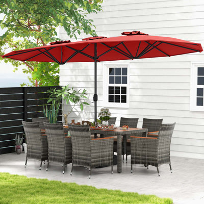Red Barrel Studio® 10 Pieces Patio Wicker Dining Set With Double-sided Patio Umbrella 8 Armchairs Coffee