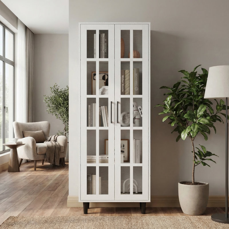 71'' H X 23.6'' W Kitchen Pantry With Bookcases, Glass Door Kitchen Storage Cabinet, White