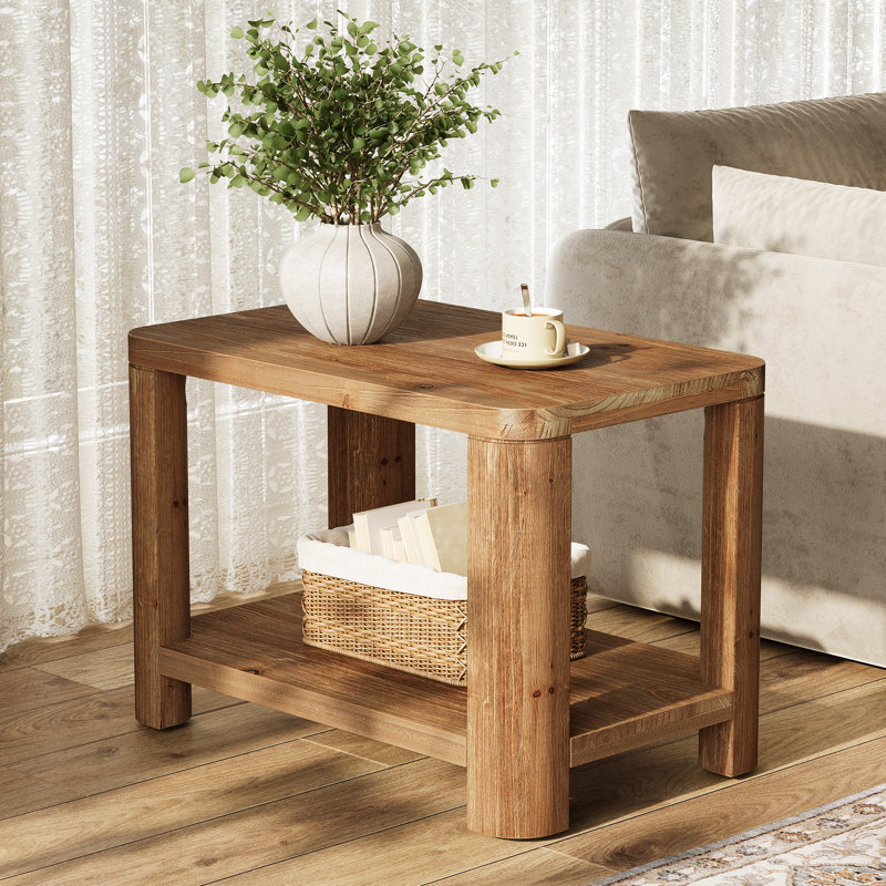 Solid Wood End Table, 2-Tier Couch Side Table with Storage, Rectangle Bedside Nightstand Table for Bedroom, Living Room