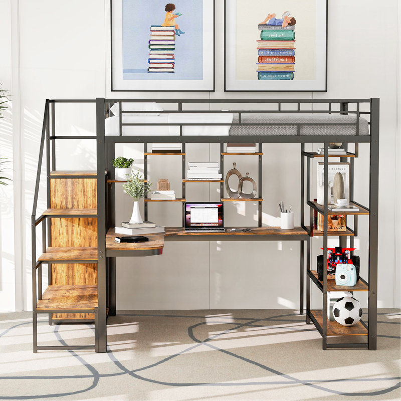 Lit mezzanine double en métal avec escalier de rangement et petite armoire, Noir, noir, noir, noir