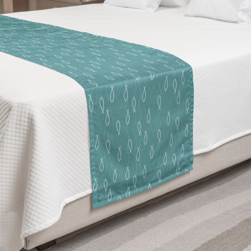 Queen White and Pale Teal Satin Bed Runner