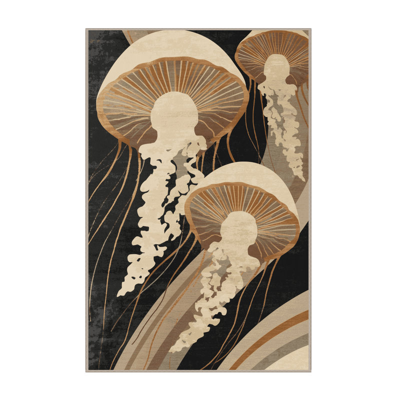 Machine Washable Peirsen Jellyfish Art Deco Arc Rug in Beige – Beige Binding, 5 x 7