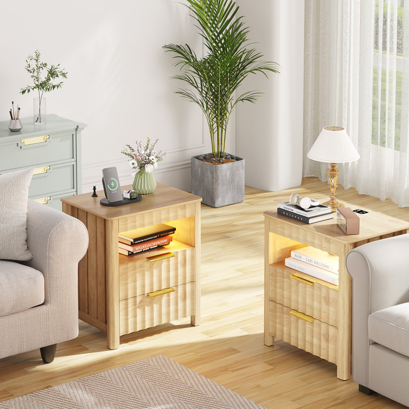 Table de chevet 2 tiroirs l 17,7 po avec lumière DEL (ensemble de 2), Bois