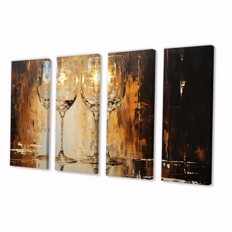 Or et bulles de verre champagne doré - Champagne, art mural 4 pièces pour le salon, H 32 po x l 64 po