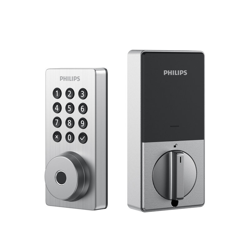 Serrure de porte Philips Smart Wi-Fi avec bouton-poussoir lumineux, code d'accès, lecteur d'empreintes digitales, clé traditionnelle et accès aux applis avec levier