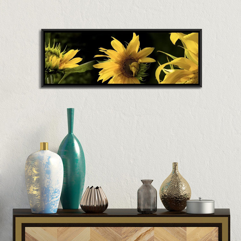 « Panoramic Sunflowers », reproduction de photo sur toile tendue, H 24 po x l 72 po x P 1,5 po, Toile encadrée noire