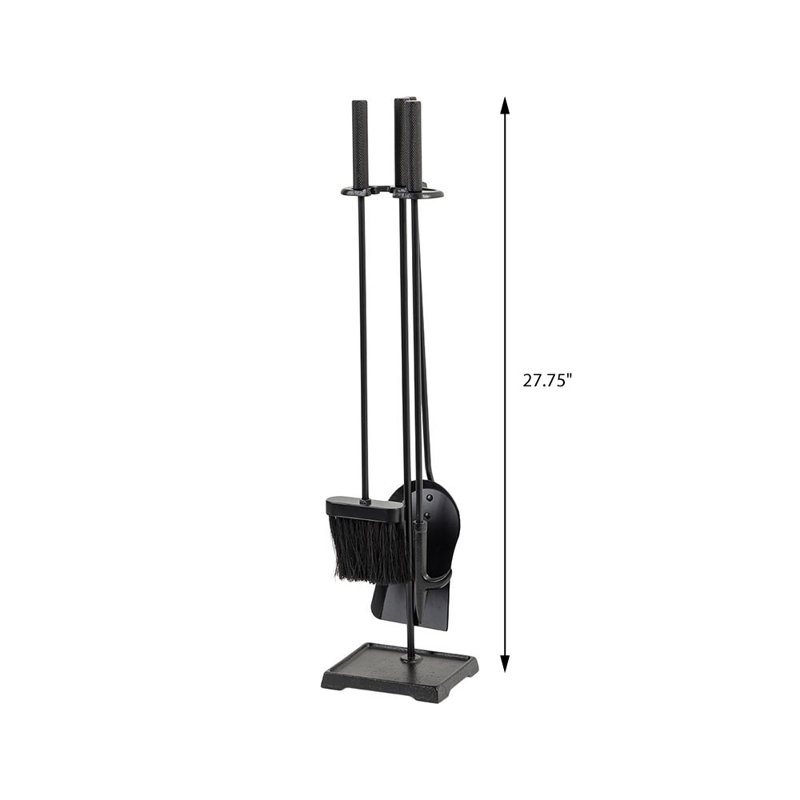 Ensemble d'outils de foyer Modern Ember Harper - comprend brosse, pelle, tisonnier et support - acier, Noir