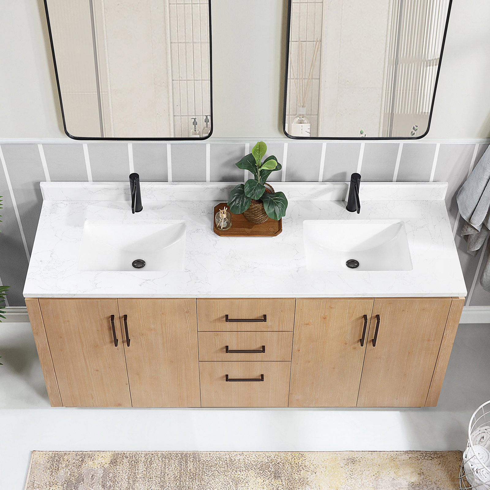 Cloverfield 72'' Double Bathroom Vanity, Fir Wood Brown, Matte Black