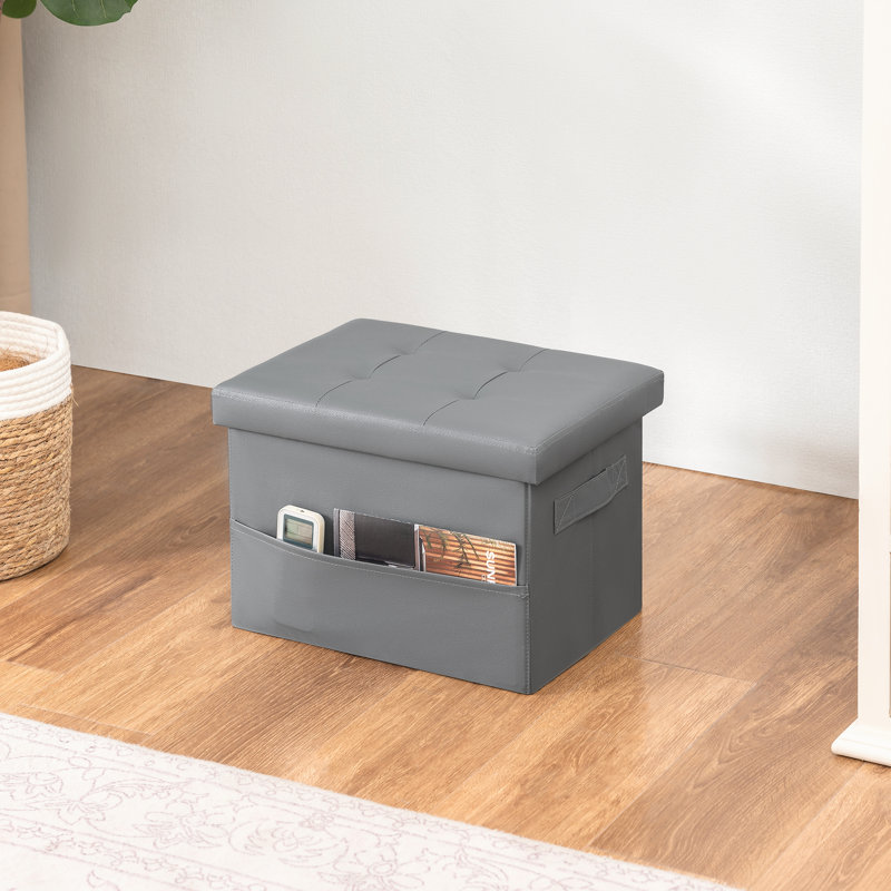 Folding Faux Leather Storage Ottoman With Side Pockets & Handles, Gray