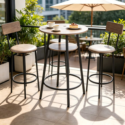 Un ensemble de table de bar et de chaises rondes trois pièces gris clair et noir, avec une table ronde et deux tabourets de bar, convient aux espaces de petit-déjeuner, aux minibars et aux petits espaces de bureau.
