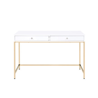 Bureau d'écriture blanc ultrabrillant avec 2 tiroirs de rangement et or
