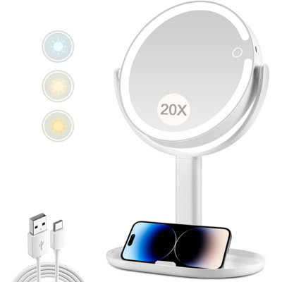Makeup Mirror With Lights,20X Magnifying Mirror With Light And Touch Switch,Vanity Mirror With 3 Color Light And 80 Leds,2-Sided Lighted Magnified Mirror 8.8 Inches