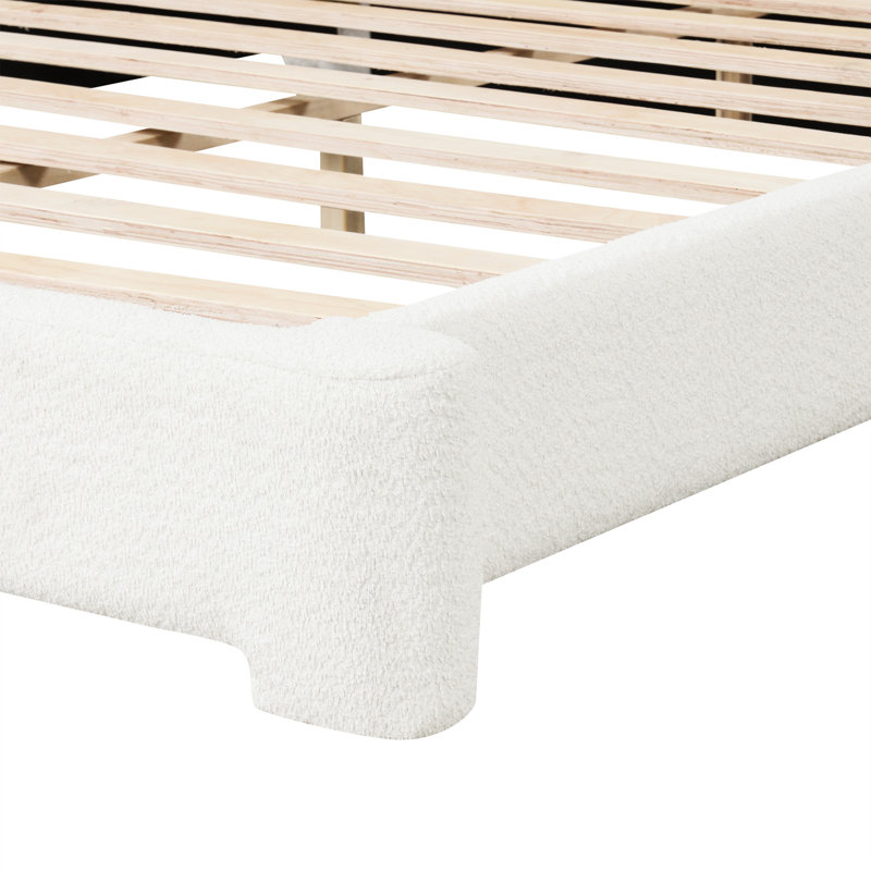 Lit très grand rembourré White Boucle, conception simple avec confort, structure en bois, facile à entretenir avec 10 lattes douillettes, expérience de sommeil confortable