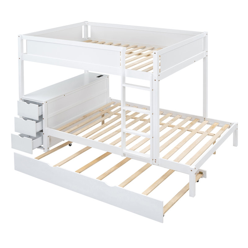 Lit superposé double avec lit gigogne simple, rangement et bureau, blanc, Double, Blanc