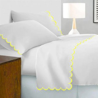 Allena 400TC Cotton Scallop Embroidery Sateen Cotton 4 Piece Sheet Set Fitted Sheet Fits Upto 16" Deep Pocket, Black