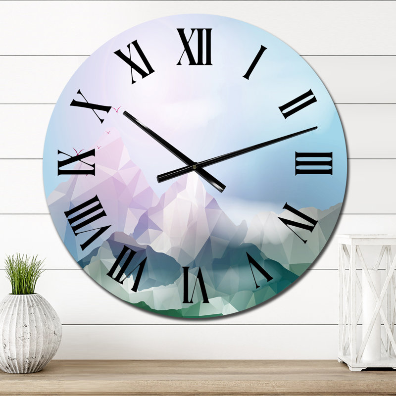Géométrique paysage de montagne en bleu rose et vert - horloge murale traditionnelle, Surdimensionné