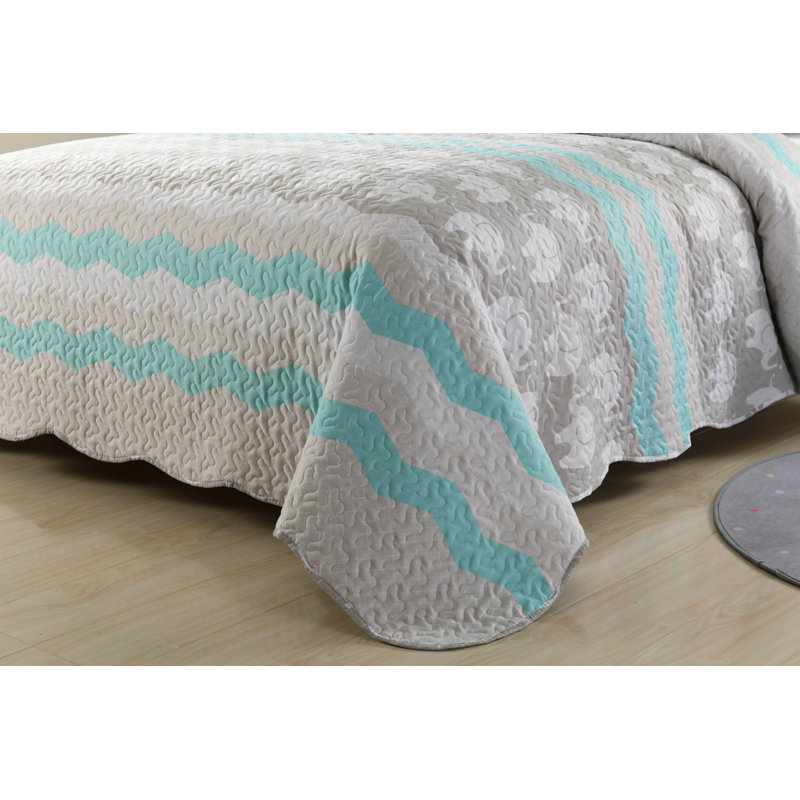 Twin Gray and Aqua Microfiber Kids Quilt Set