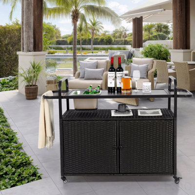 Outdoor Bar Table, Wicker Bar Cart With Cabinet, Patio Serving Cart With Steel Top, With One Ice Bucket,Lockable Wheels, Side Basket