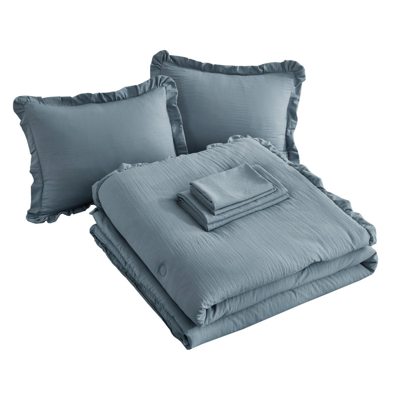 Ruffled Edge Microfiber Bed in a Bag Comforter Set, Twin Comforter + 4 Additional Pieces, Dusty Blue