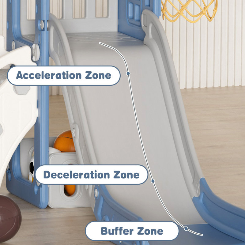 6 In 1 Toddler Slide Playset, Indoor Outdoor Climbing Toy with Basketball Hoop, Blue/Gray