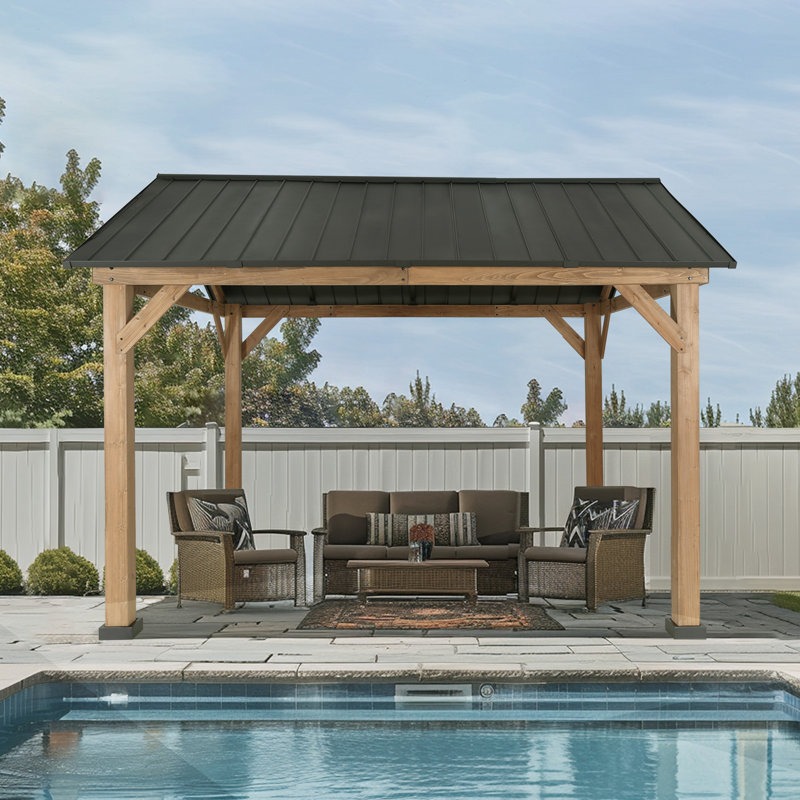 13 Ft. W x 11 Ft. D Solid Wood Hardtop Gazebo With Galvanized Steel Roof And Ceiling Hook, 120" H x 156" W x 132" D