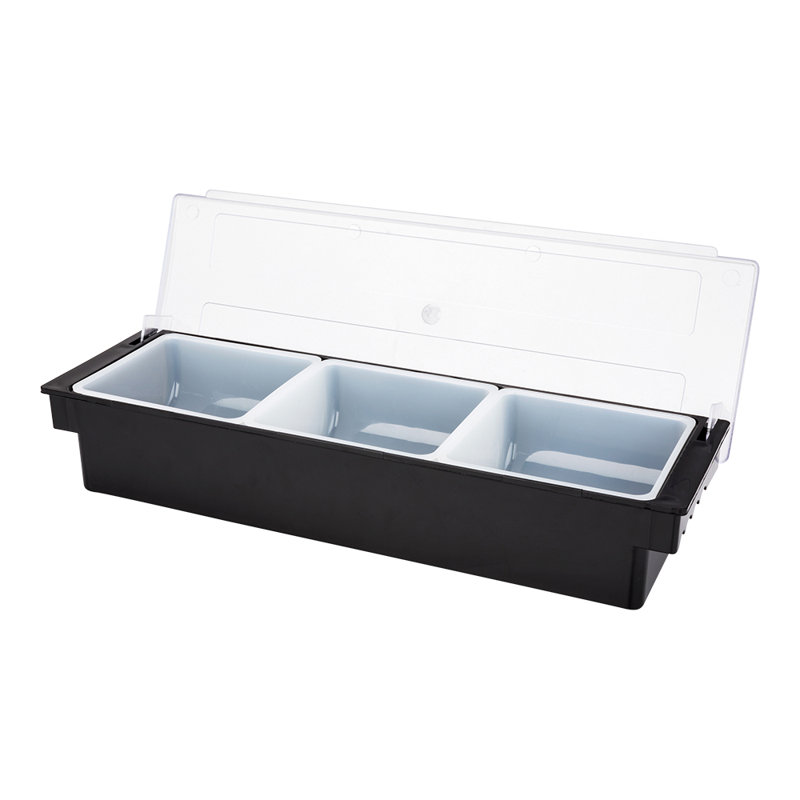 Bar Lux Black Plastic Condiment Caddy - 3 Compartments - 19 1/2" X 6 1/4" X 3 3/4" - 1 Count Box