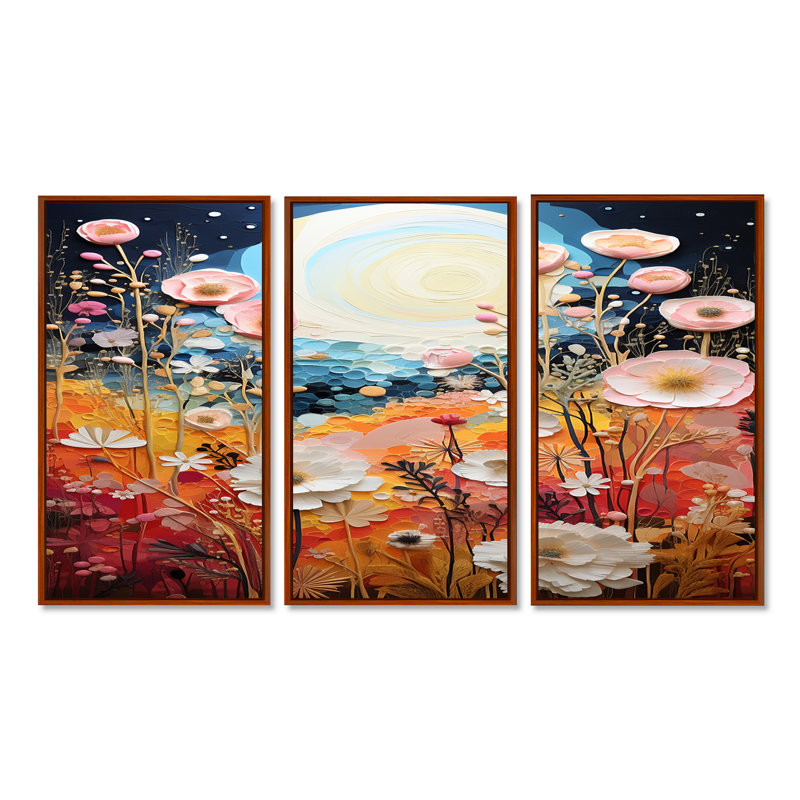 «Blossoming Spring Flowers Magical Full Moon», ensemble de décoration murale prairie, Cadre flottant brun
