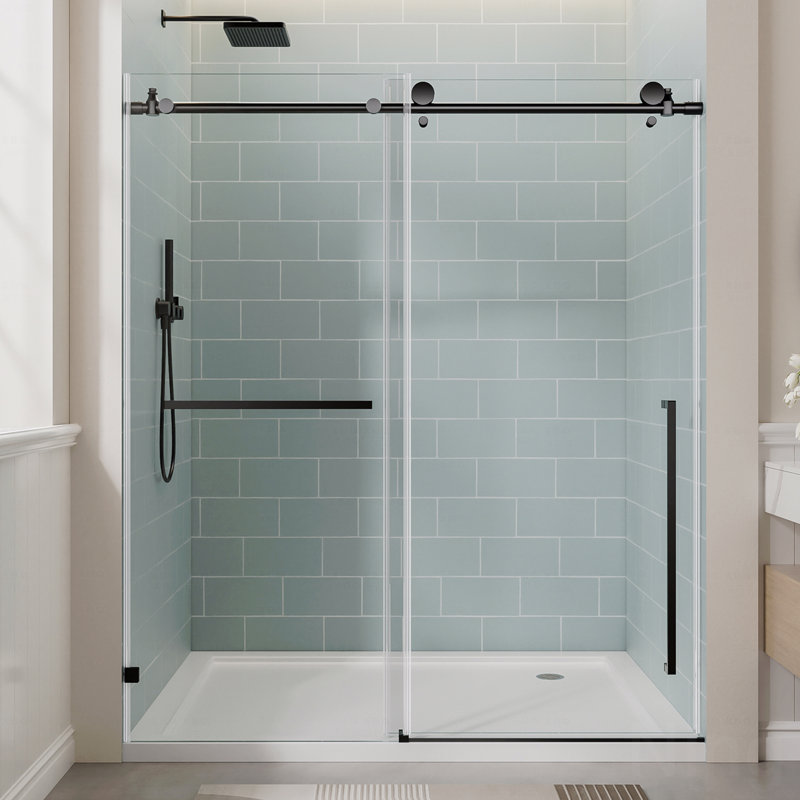 56"-60" W X 78" H Frameless Design Single Sliding Opening Shower Door  - Matte Black Bathtub Shower Door, 3/8" (10Mm) Clear Tempered Glass With Explosion-Proof Film, Stainless Steel Handle