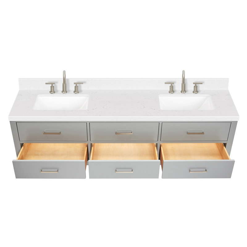 Macolm 72.25'' Double Bathroom Vanity with Carrara Quartz Top, Gray, Brushed Nickel, 72"