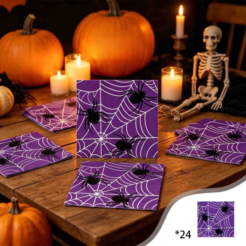 Assiettes et gobelets jetables en papier Purple Web pour Halloween - Fournitures de fête pour les occasions festives