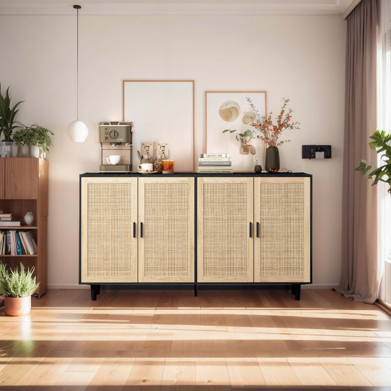 Wood Console Table with 4 Doors,Shelves, Black/Beige