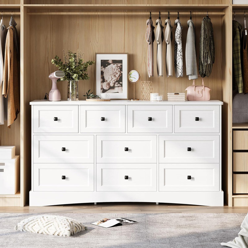 Bedroom Dresser With 10 Drawers, 55.2" Long Dresser Tv Stand With Charging Station, Farmhouse Dresser Chest Of Drawers, Large Wood Storage Tower Organizer Dresser For Bedroom Living Room