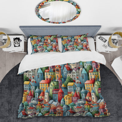 Ensemble de housse de couette en microfibre bleu / rouge Urban Buildings