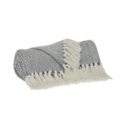 Handloomed Light Gray Cotton Throw Blanket With Tassels